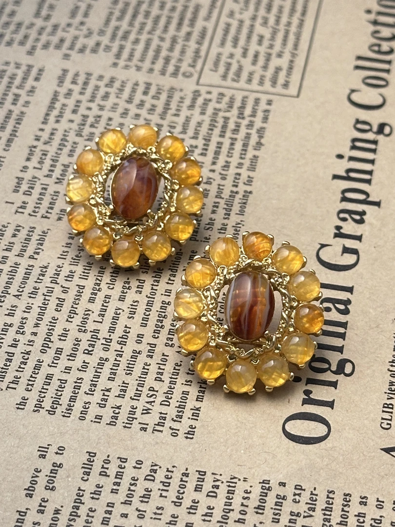 铜合金琉璃耳饰 耳环中古镀金黄色石头椭圆形耳饰E2551