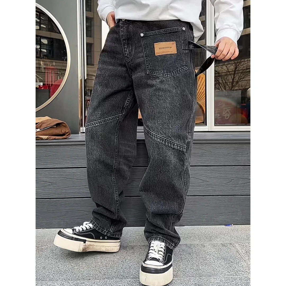 美式复古做旧重磅水洗宽松弯刀裤男女同款中性斜门襟多口袋牛仔裤