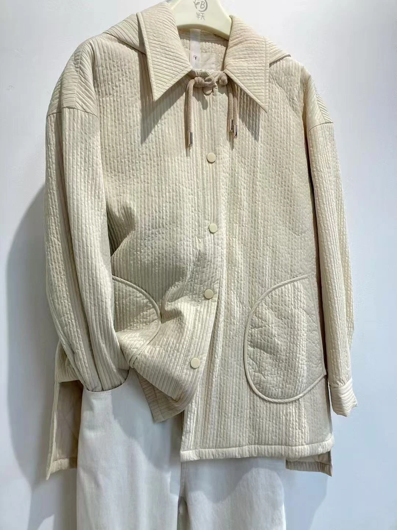 秋冬季米杏色连帽外套棉衣