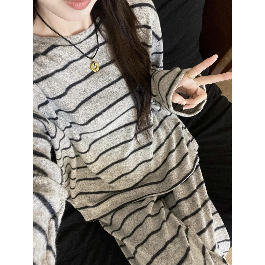日系少女条纹撞色德绒睡衣女秋冬季简约长袖长裤可外穿家居服套装