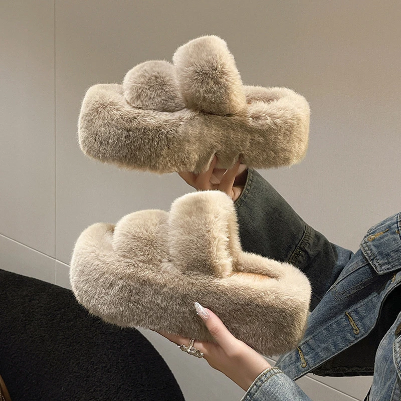 外贸7厘米厚底毛毛拖鞋女秋冬季外穿2025新款平底一字保暖棉拖鞋