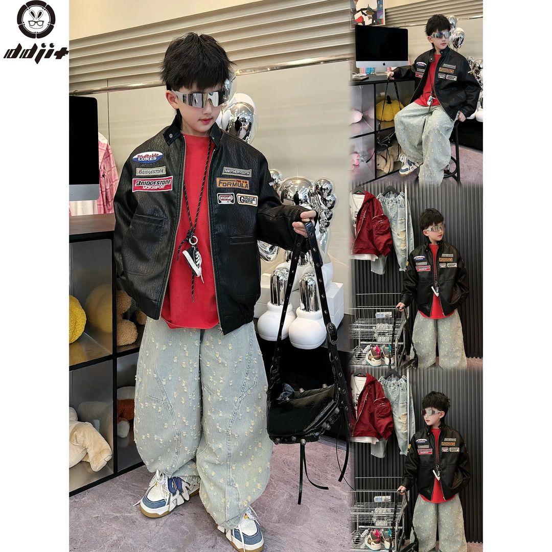 蛋蛋家【机车皮衣】春季新款洋气时尚黑色机车贴标皮衣外套