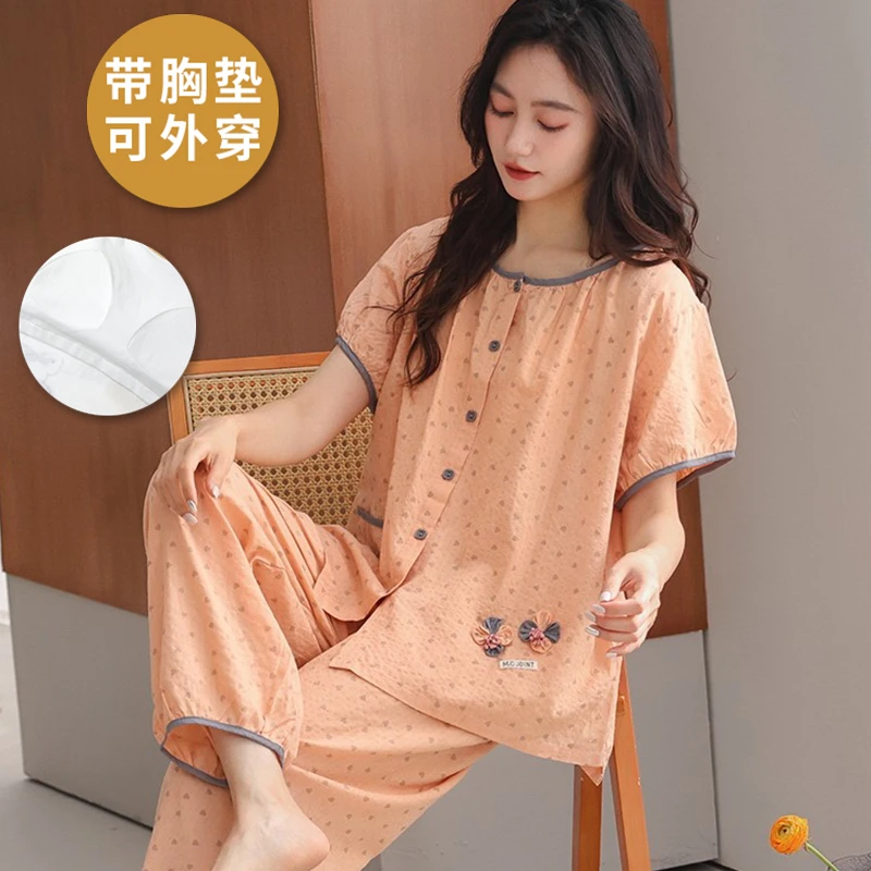 爆款睡衣女士夏季短袖开衫2025年新款带胸垫宽松韩版七分裤家居服
