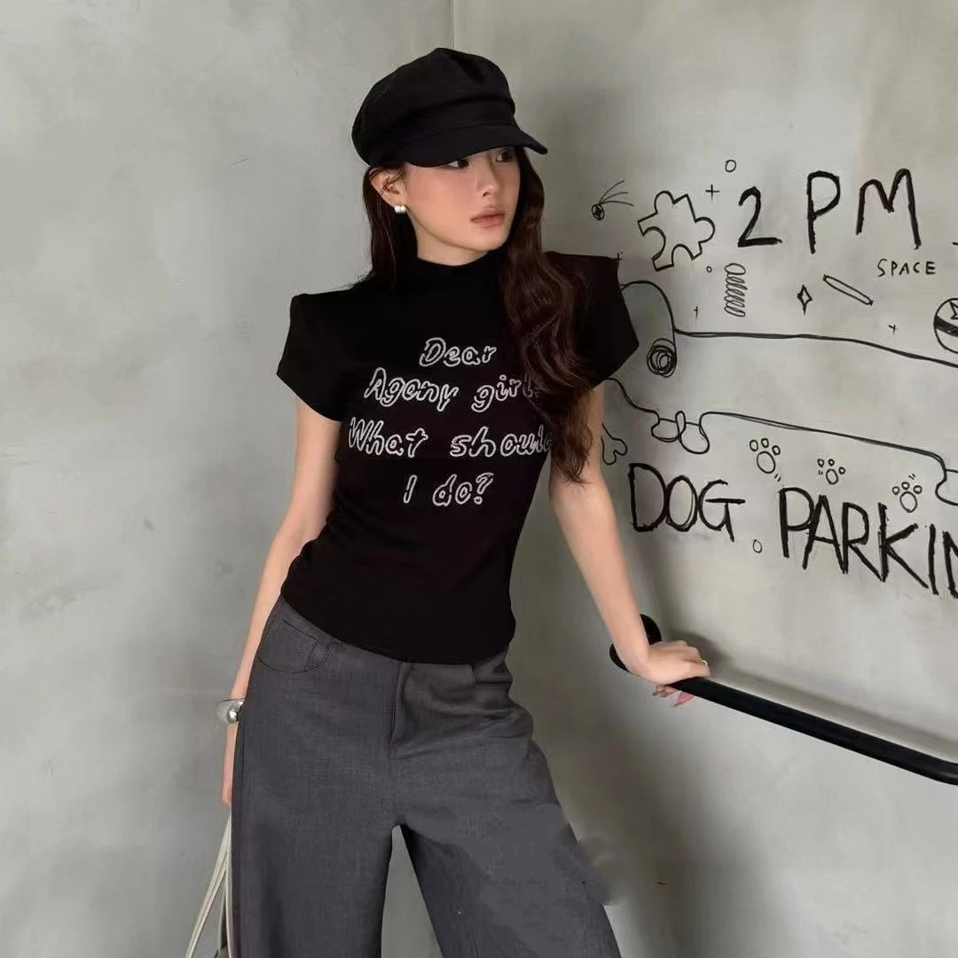 2025夏季款韩版字母印花T恤女短袖立领套头修身短款上衣夏季百搭