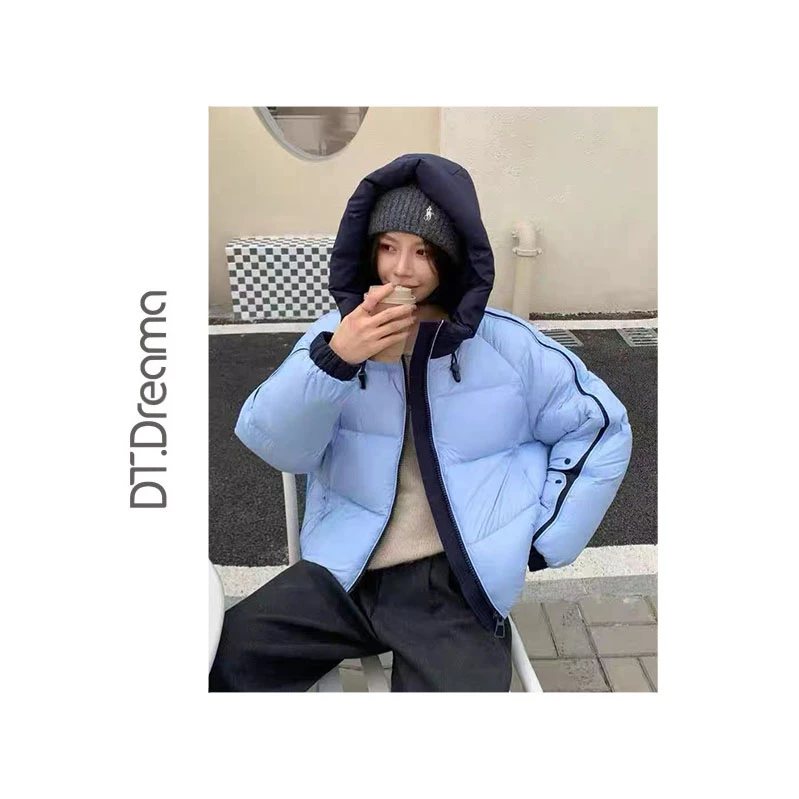 2025冬季新款撞色连帽拉链简约风百搭保暖鸭绒羽绒服女