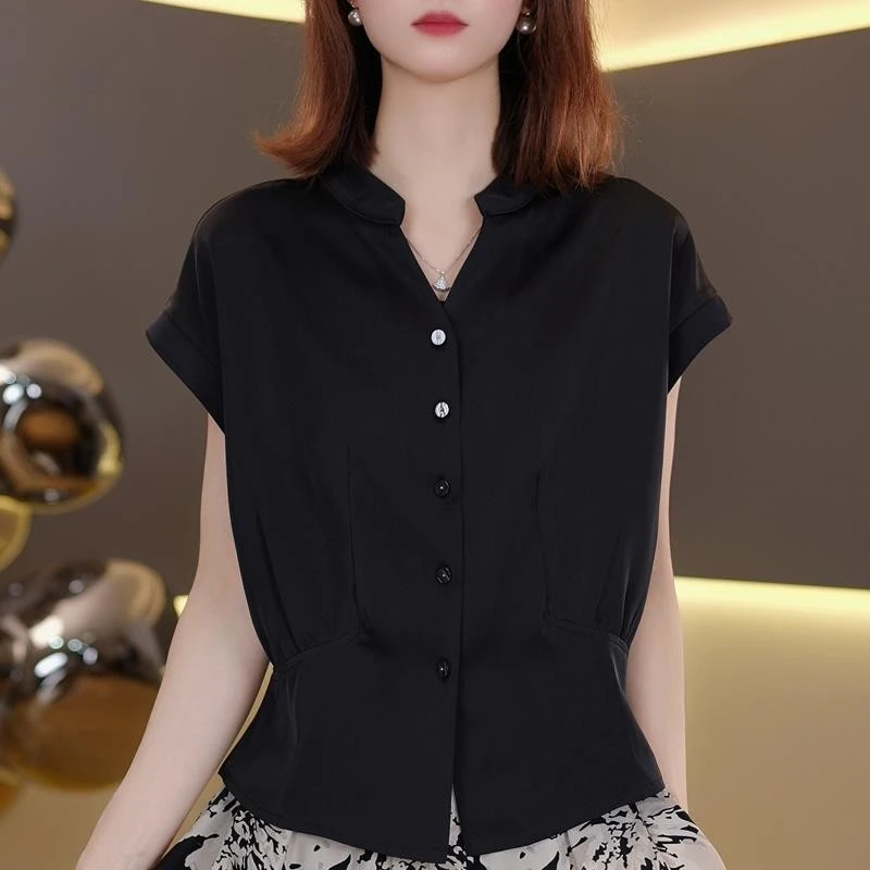 A1时尚v领短袖T恤女2025新款气质小衫洋气显瘦衬衫女