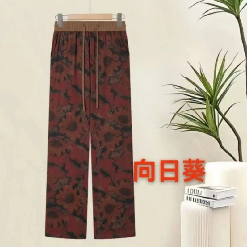 2025新款女夏季薄款缎面印花直筒裤百搭显瘦长裤女士阔腿裤