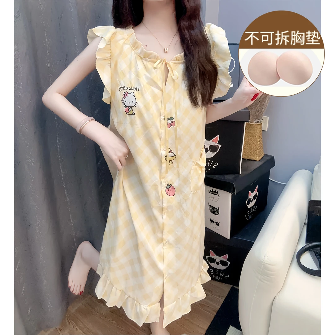 奶呼呼睡衣女夏季天带胸垫一体式薄款小飞袖黄格子睡裙新款家居服