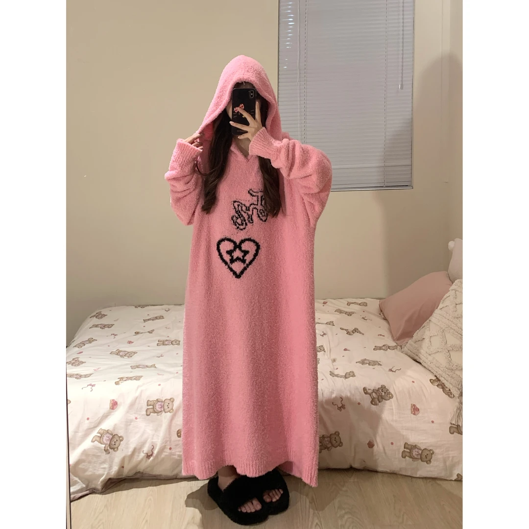【爱里藏星】ins韩版针织半边绒睡衣秋冬新款显白连帽睡裙家居服