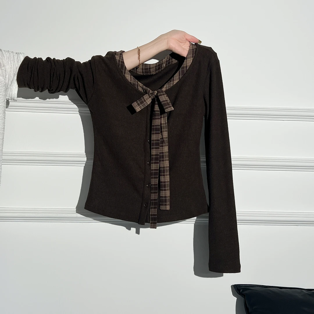 显瘦修身格子蝴蝶结长袖T恤女初秋新款穿搭v领正肩打底衫撞色上衣