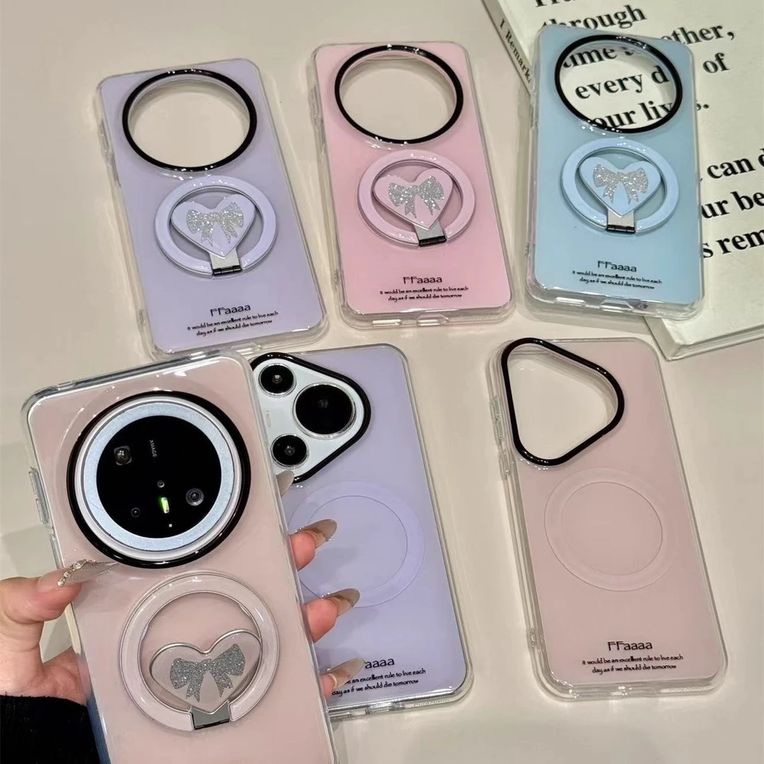 适用华为mate70pro手机壳韩系纯色mate60pro爱心蝴蝶结磁吸支架款