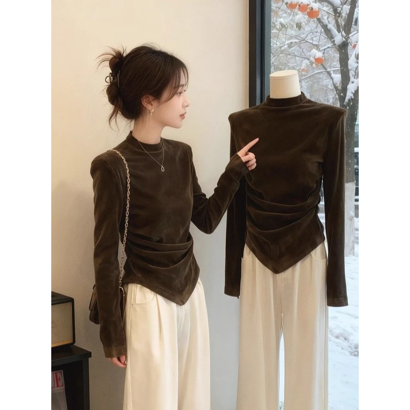 高级感气质领长袖打底衫T恤秋冬修身显瘦不规则上衣休闲裤两件套