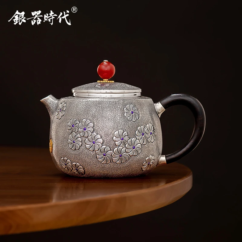 银器时代 足银泡茶壶繁花似锦功夫茶道茶具足银999复古錾刻银茶壶