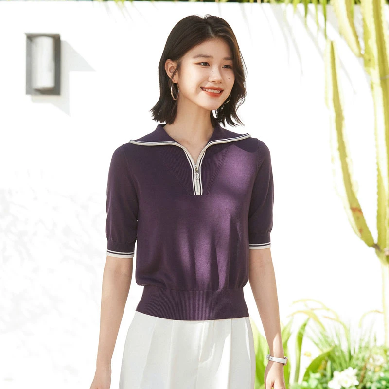 2025早秋莱赛尔天丝针织衫女五分袖纯色毛衫女士ol休闲中袖打底衫