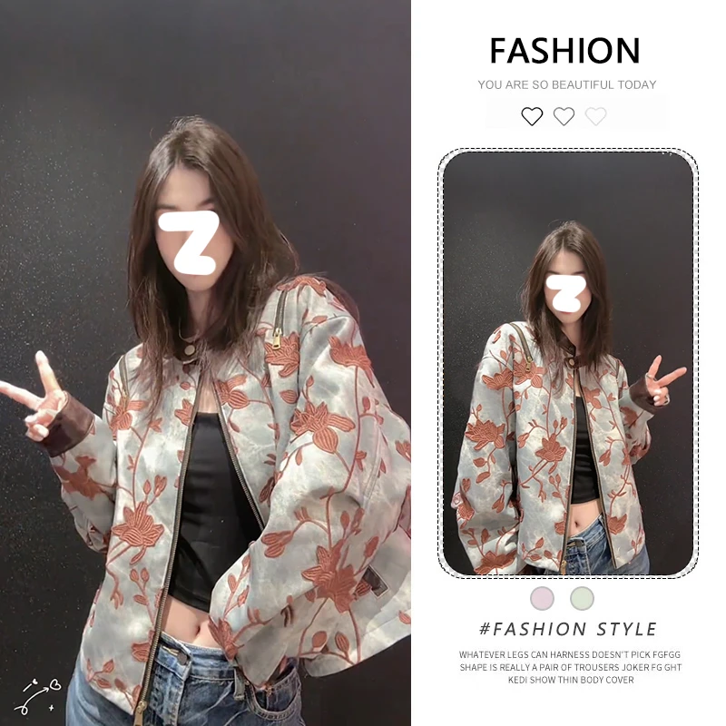 欧货时尚立领刺绣拉链短外套女春秋款设计感小众洋气百搭夹克上衣