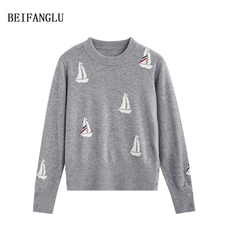 北方鹿【法式帆船提花】绵羊毛2024冬季圆领长袖套头针织羊毛衫2675