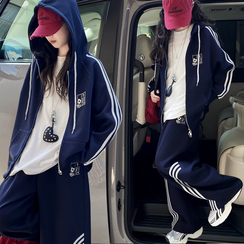 女童秋季纯色休闲风拉链外套春秋套装百搭卫衣网红时尚百搭套装