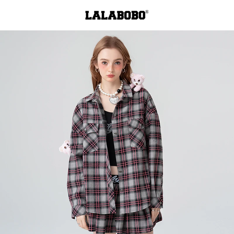 LALABOBO蛇年25年春季新款红色格纹外套立体玩偶衬衫LBEA-WSWC12