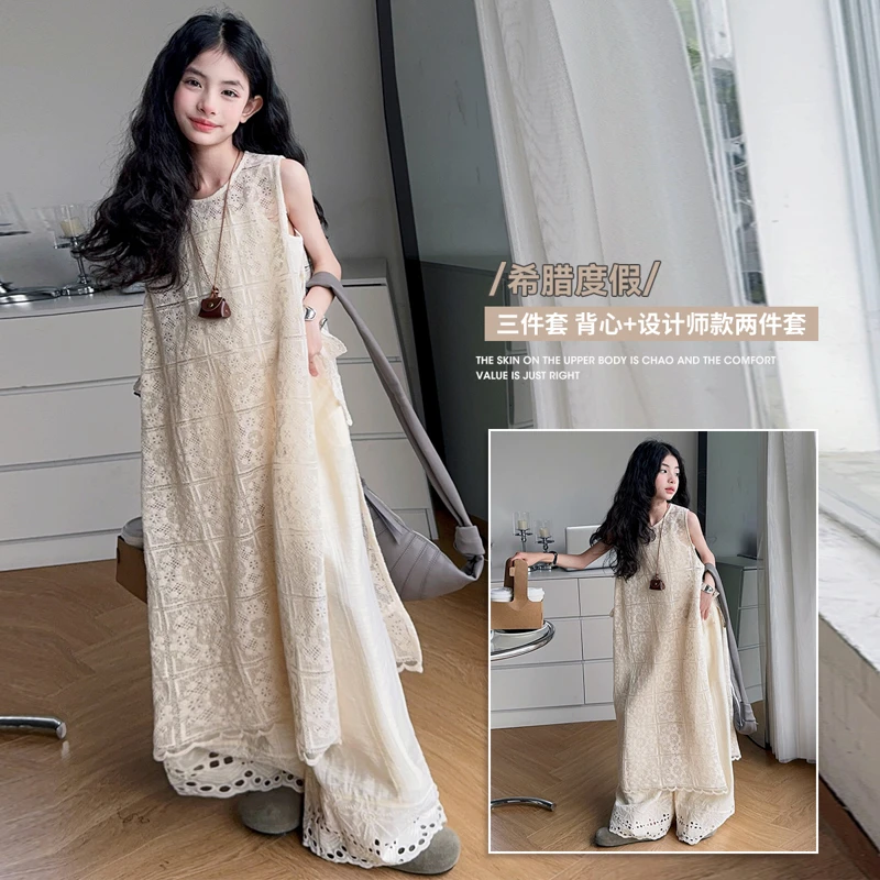 女童波西米亚连衣裙阔腿裤套装夏季2025新款中大童洋气镂空长裙子