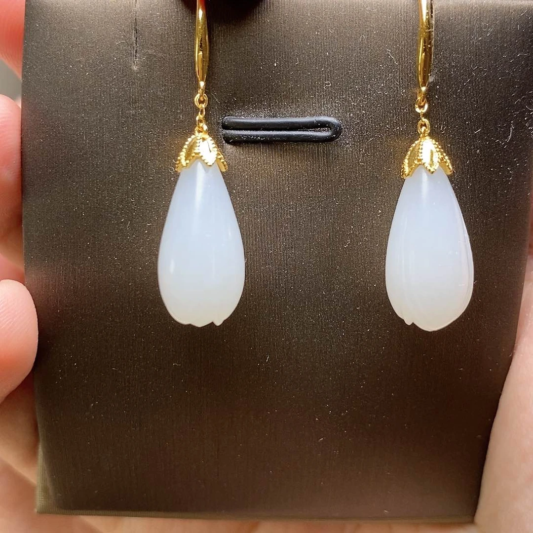 和田玉耳坠18K金镶嵌健***白