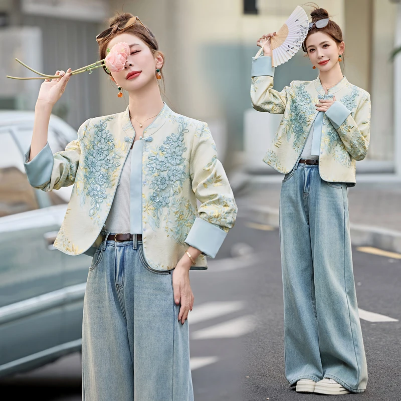 新中式重工刺绣提花外套女2025春秋新款复古盘扣国风气质短款上衣