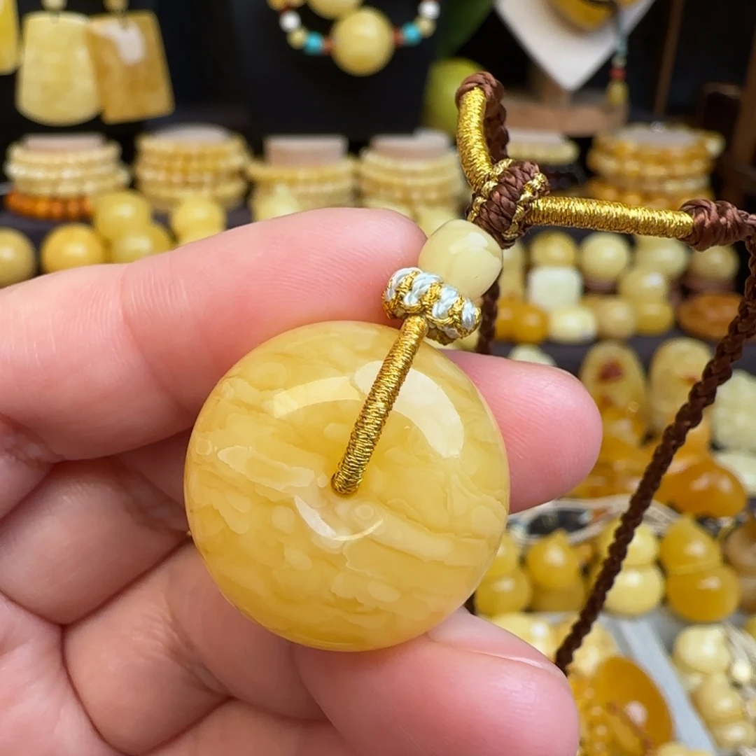 琥珀未镶嵌套链天然虎皮妖花蜜蜡平安扣吊坠