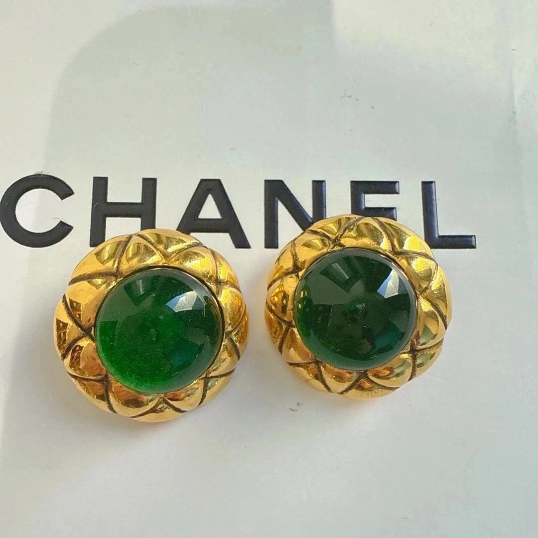 95新 Chanel/香奈儿 Chanel vintage香奈儿中古菱格绿琉璃耳夹