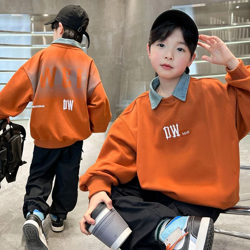 男童假两件休闲卫衣中大童春秋款2025新款儿童春季牛仔衬衫领潮