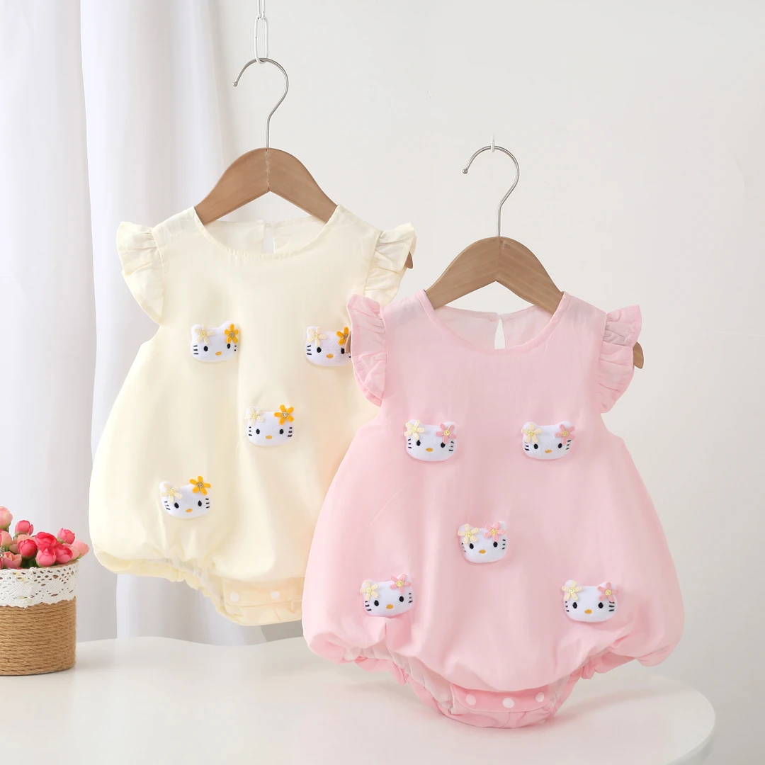 婴幼儿夏季新款立体猫咪飞袖包屁衣卡通可爱外出服