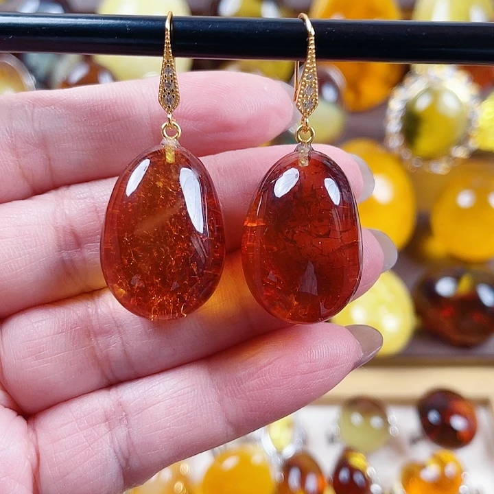 琥珀银S925镶嵌裸石耳环