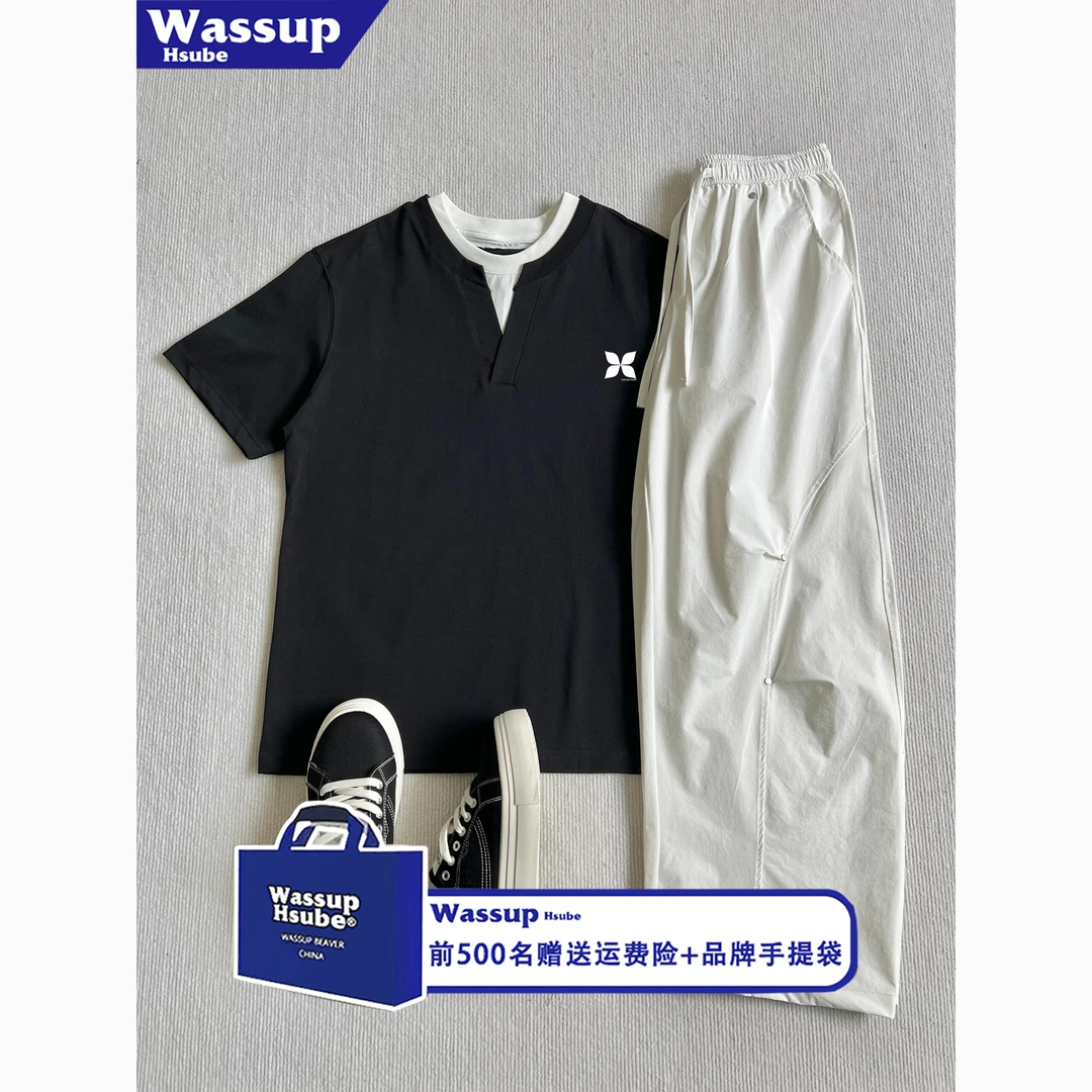 WASSUP HSUBE韩系简约ins少年感重磅短袖T恤男夏季撞色拼接上衣女