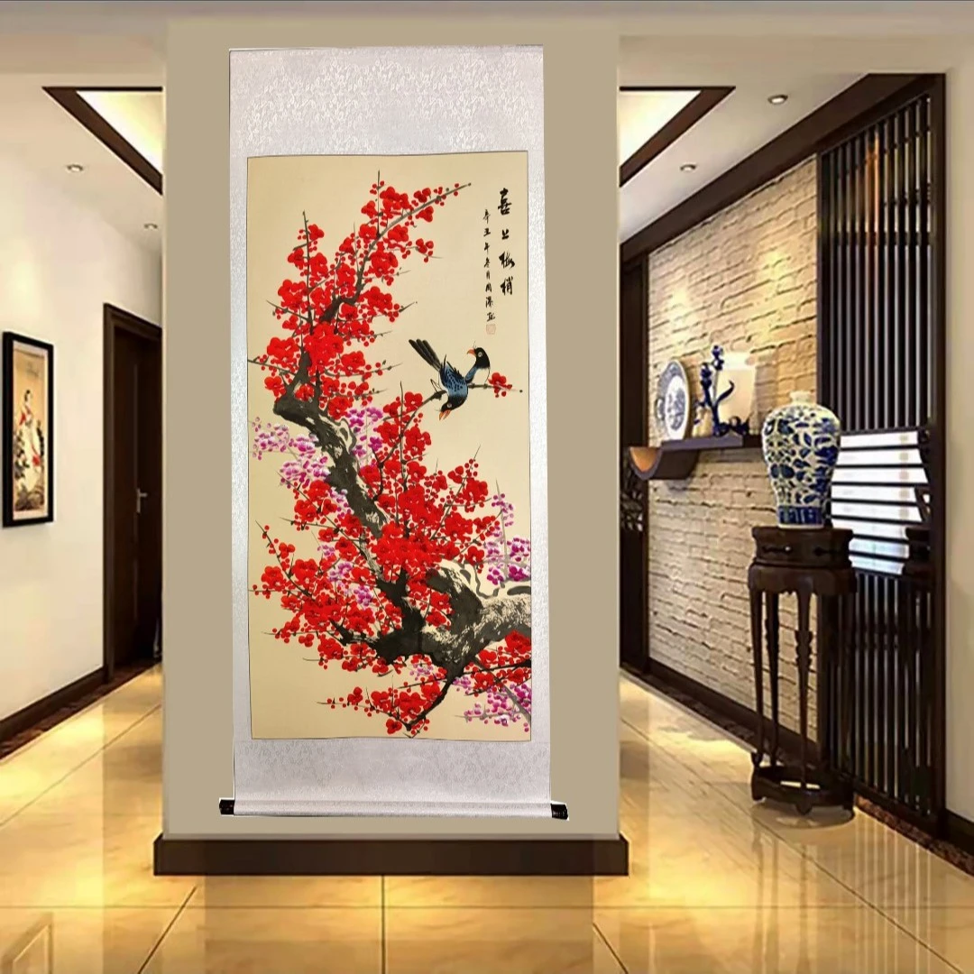 《喜上梅梢》竖卷轴170乘73尺寸手绘国画