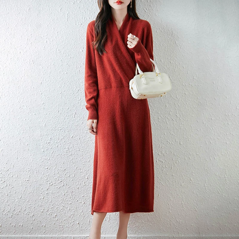 100羊毛长款和服V领长袖见外包装纯羊绒连衣裙女装秋冬时尚RT1326