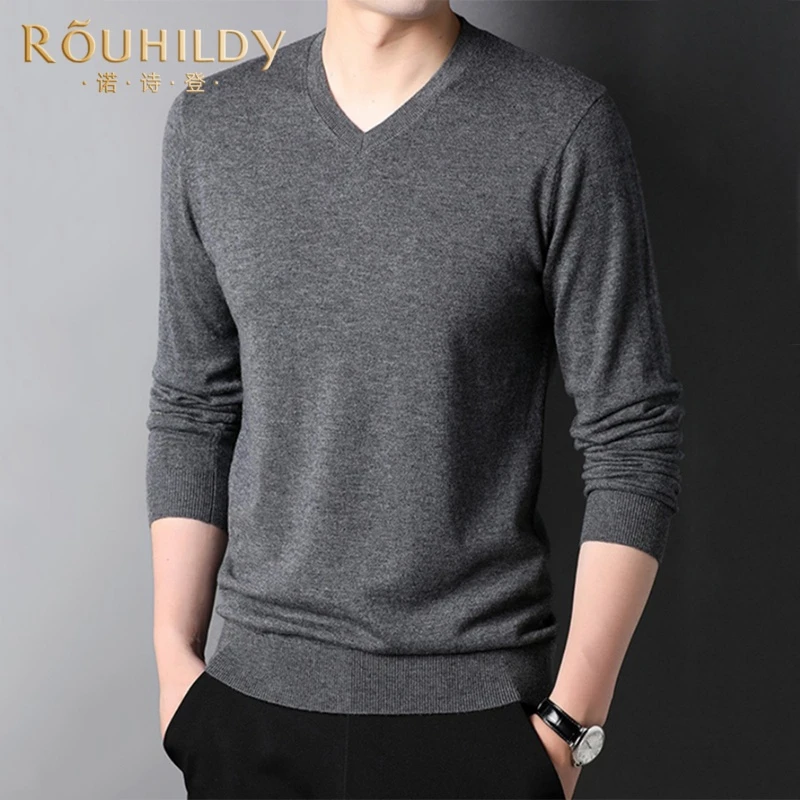 Rouhildy长袖针织衫男秋季新款V领t恤衫中年男士纯色休闲打底衫