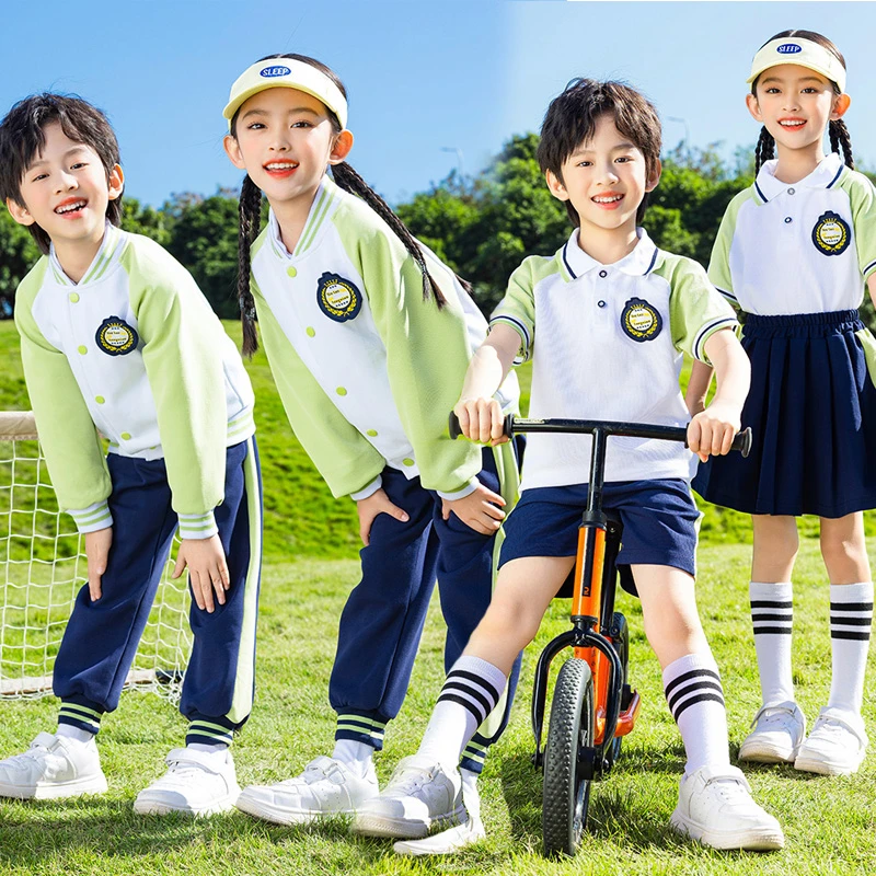绿色学院风小学生校服2025春夏装新款幼儿园服四件套儿童表演班服