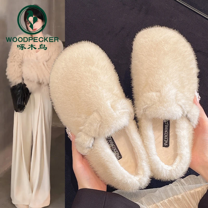 啄木鸟平底加绒毛毛鞋女外穿2025冬季新款一脚蹬水貂保暖毛绒棉鞋