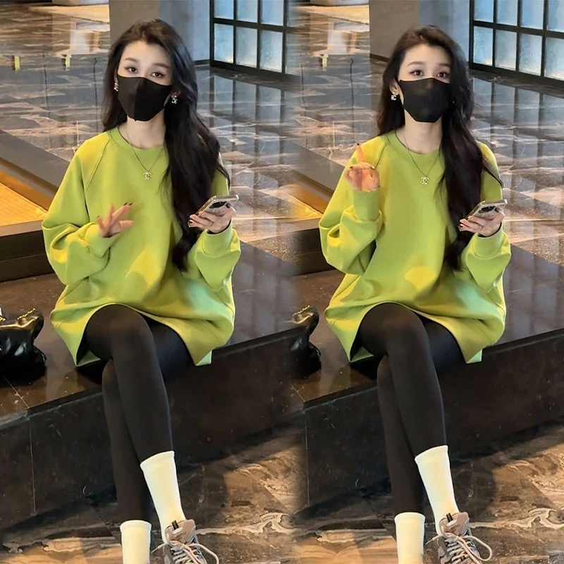 韩版圆领长袖中长款卫衣女春季新款时尚洋气百搭宽松显瘦上衣外套