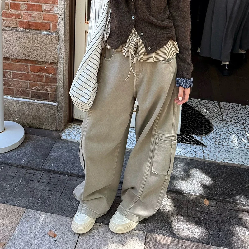 高端货~ 口袋弯刀牛仔裤秋季新款ins风直筒工装阔腿休闲裤女