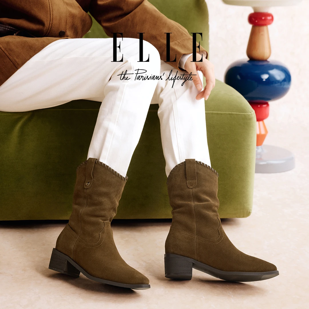 ELLE微笑靴子女2025冬季复古西部靴厚底时装靴粗跟短靴显瘦堆堆靴