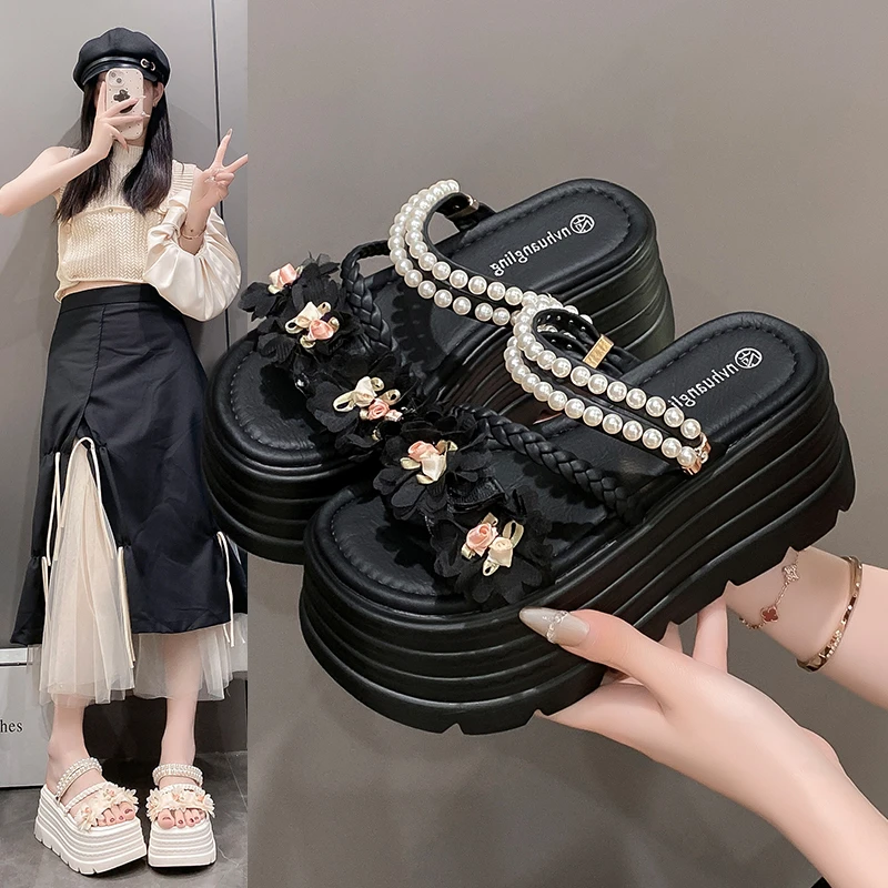 两穿凉鞋女夏2025新款外穿精致绝美仙女风配裙子花朵厚底高跟拖鞋