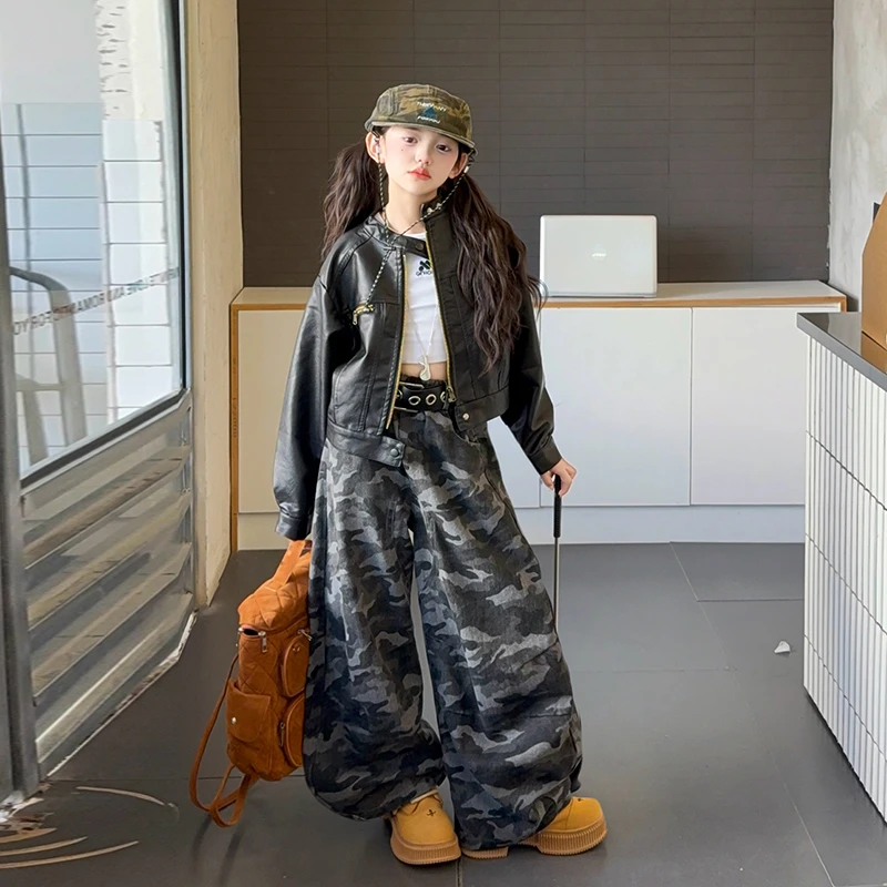 【酷哒仔】女童潮酷范皮衣外套迷彩弯刀裤两件套装2025秋季中大童潮