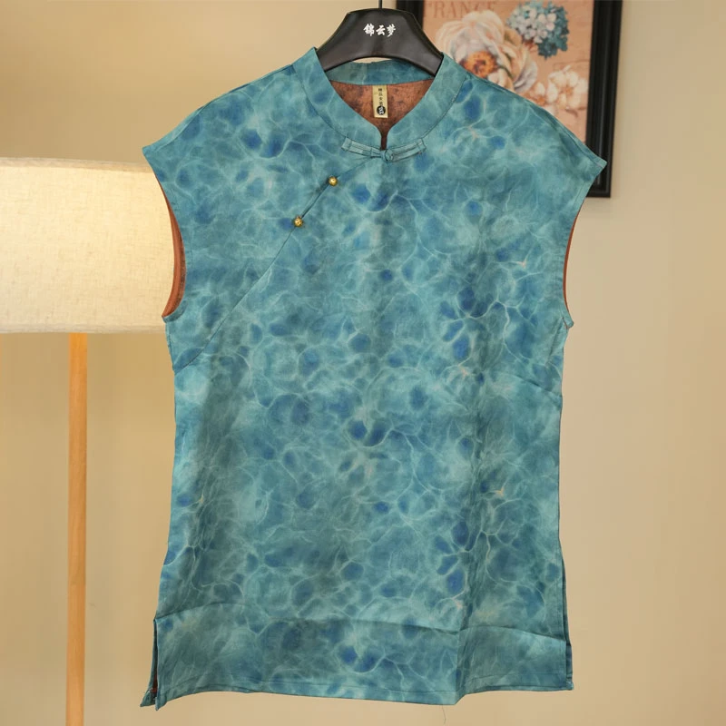 唐装默认厚度斜襟立领提花薄款印染无袖上衣中国风-Y775