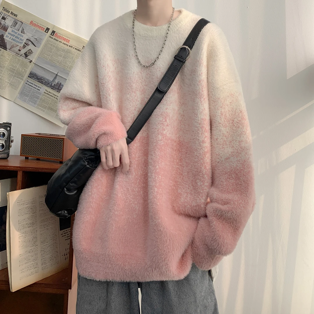 V37渐变色日系圆领毛衣男款2025冬季重磅慵懒风小清新针织衫外套