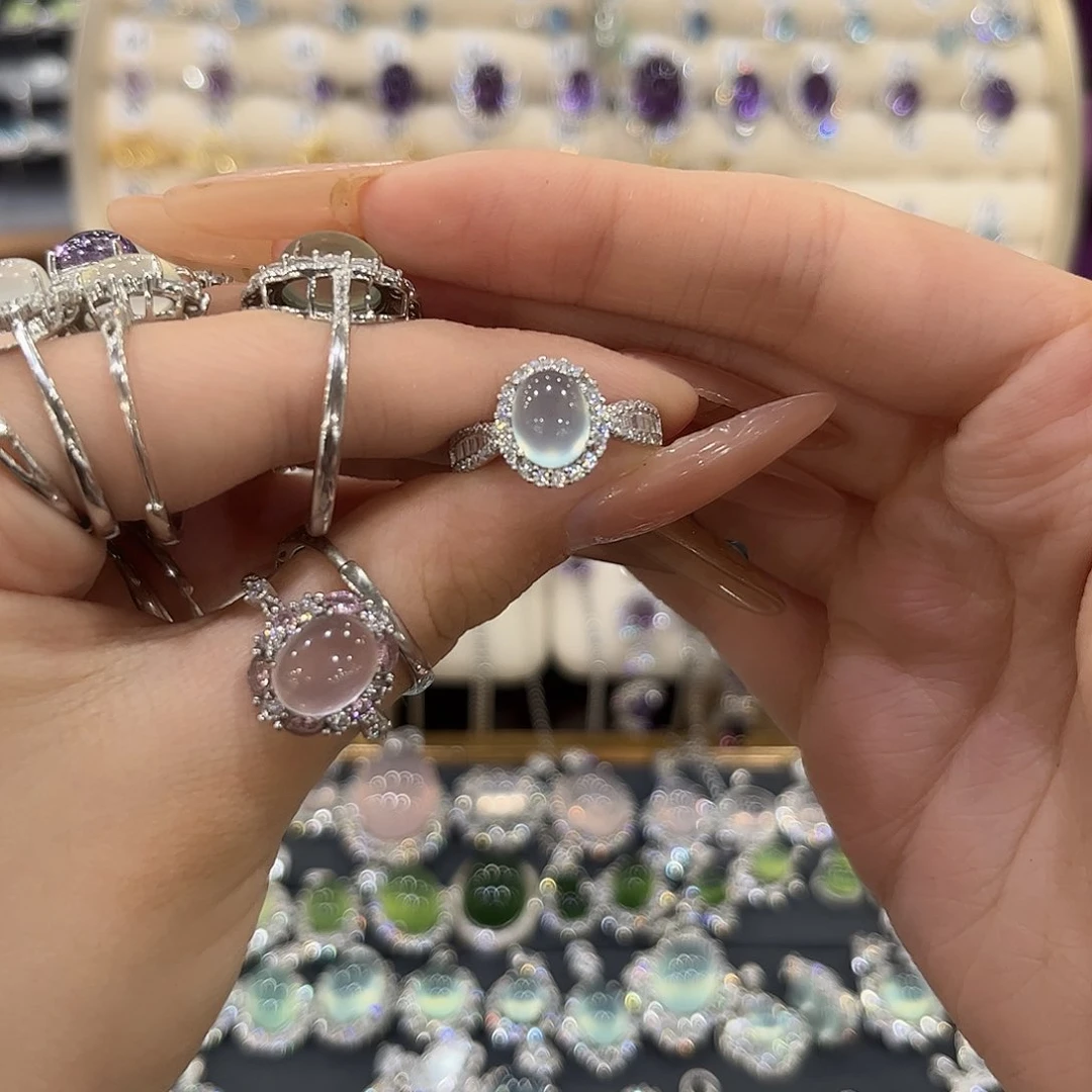 皆****蛇纹石玉银S925镶嵌女款戒指