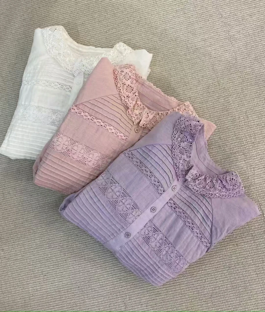 文艺清新宽松亚麻衬衫蕾丝刺绣花边设计休闲长袖衬衣