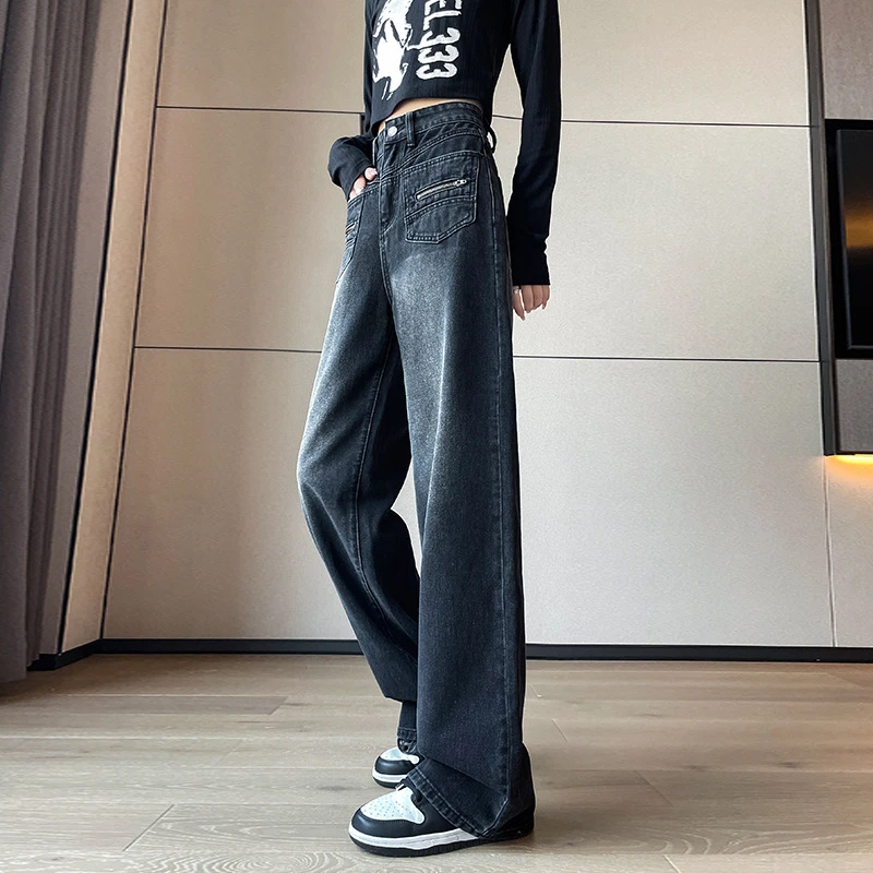 黑色牛仔裤女窄版直筒裤秋冬季粗腿显瘦裤子高腰宽松休闲阔腿裤子
