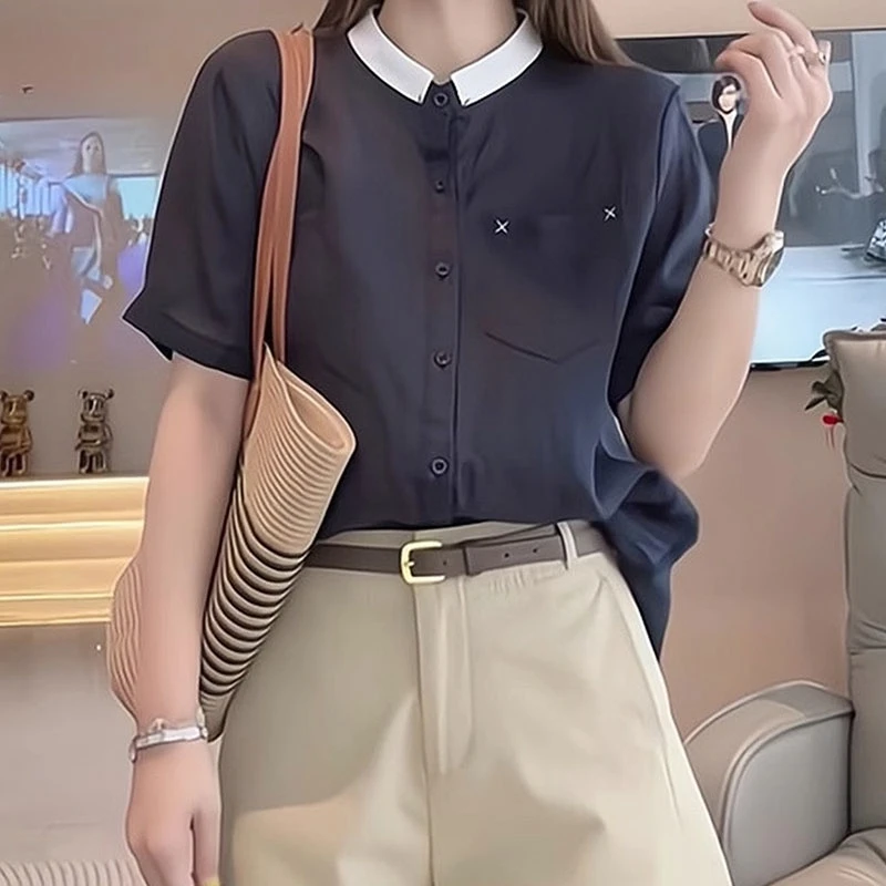 设计感立领短袖衬衫女夏季2025新款宽松时尚洋气减龄职业休闲上衣