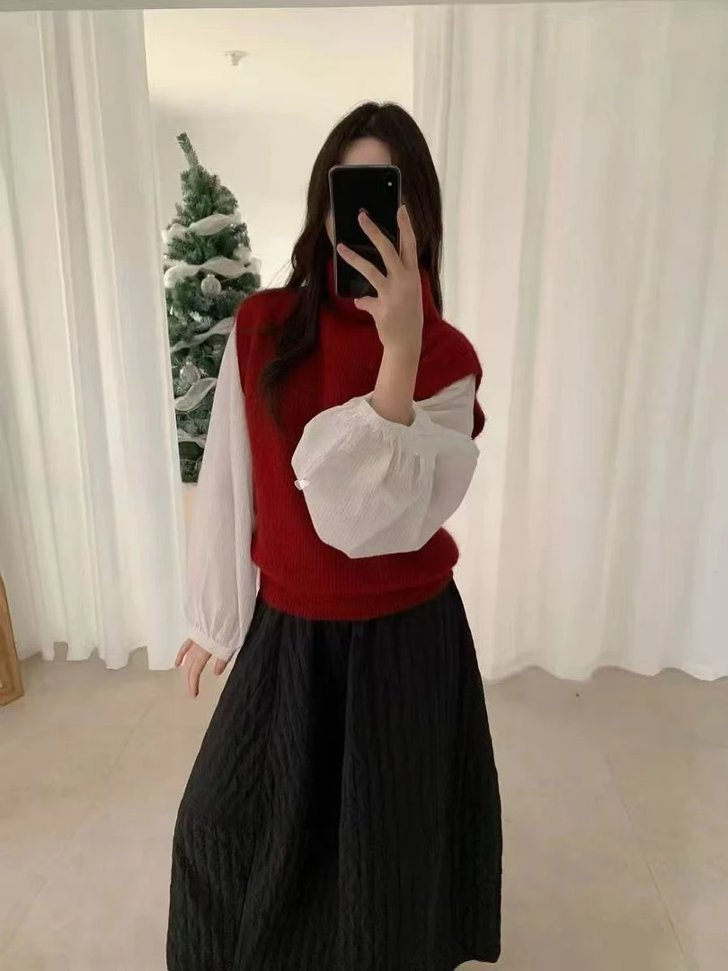 M3023 韩系秋冬红色新年显白堆堆领针织背心女