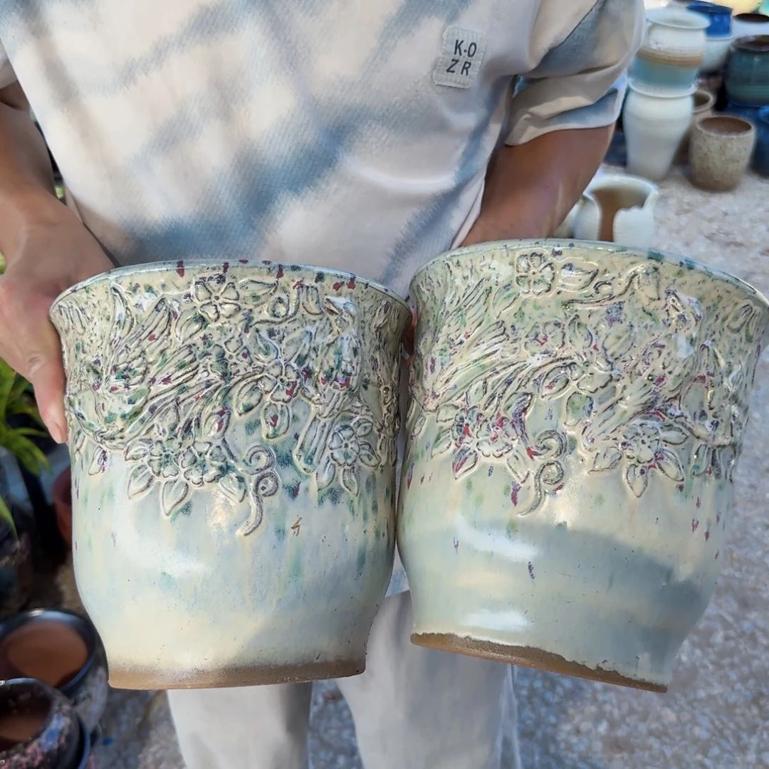 紫砂花盆口20高20（小鸟两个彩色