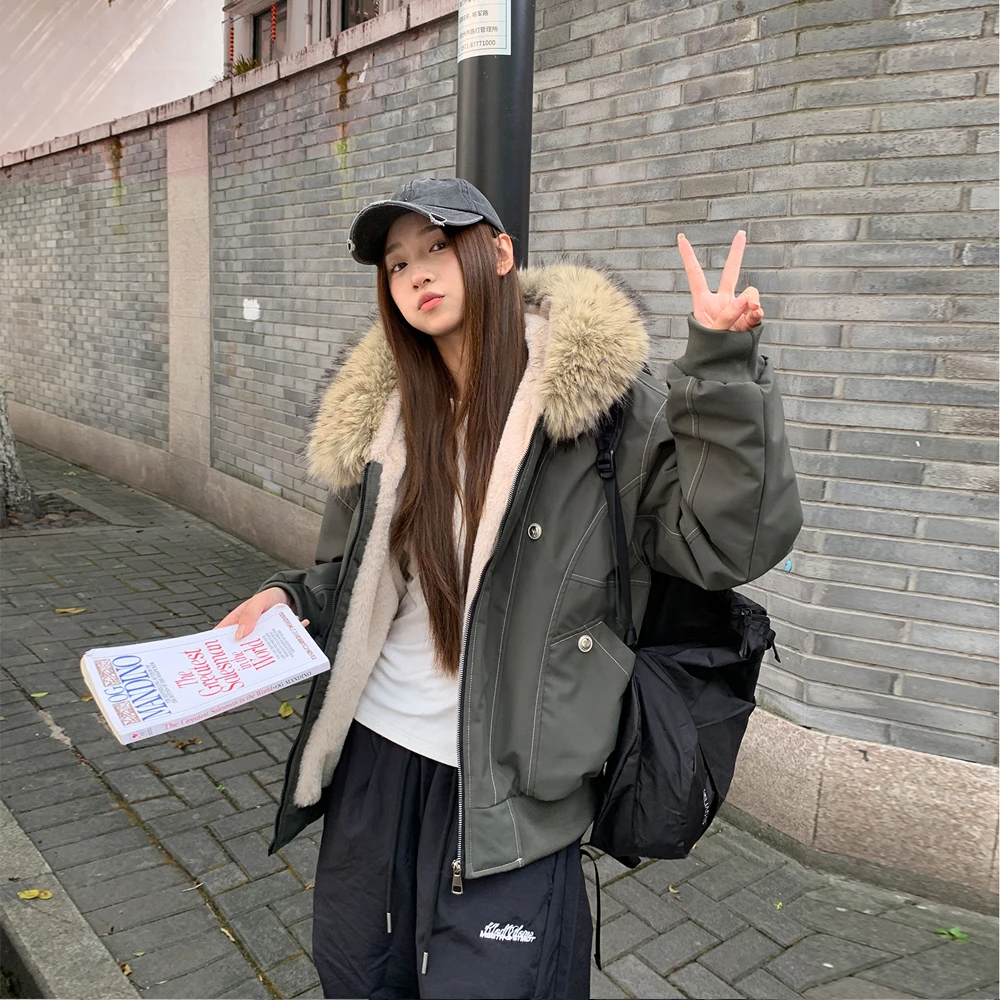 座山雕毛领连帽夹克棉服女冬季加厚保暖宽松美式复古派克棉衣外套